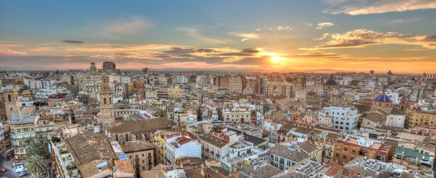Sunset Over Historic Center of Valencia, Spain. Panoramic aerial view of cityscape.