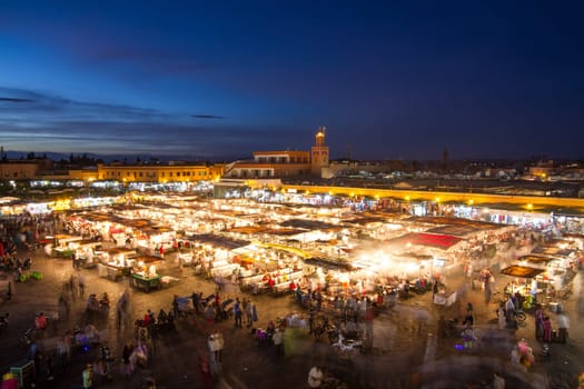 Jamaa el Fna market square at dusk, Marrakesh, Morocco, north Africa. Jemaa el-Fnaa, Djema el-Fna or Djemaa el-Fnaa is a famous square and market place in Marrakesh's medina quarter.