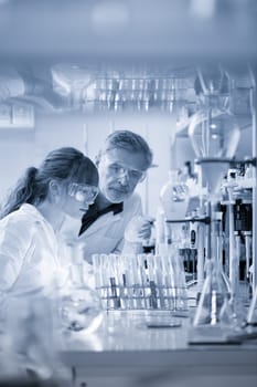 Scientists researching in scientific laboratory. Young female scientist and her senior male supervisor looking at the cell colony grown in the petri dish in the life science research laboratory.