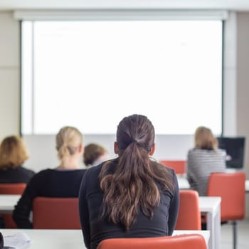 Conference and Presentation. Audience at the conference hall. Business and Entrepreneurship. Faculty lecture and workshop. Audience in the lecture hall. Academic education. Copy space.