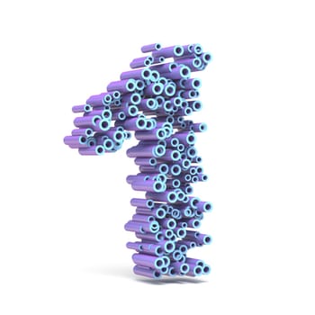 Purple blue font made of tubes NUMBER ONE 1 3D render illustration isolated on white background