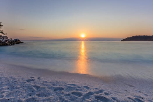 Sunrise in Marble beach (Saliara beach), Thassos Islands, Greece. The most beautiful white beach in Greece