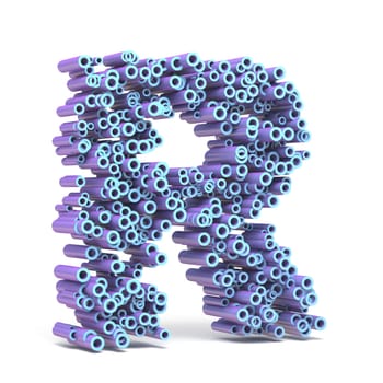 Purple blue font made of tubes LETTER R 3D render illustration isolated on white background