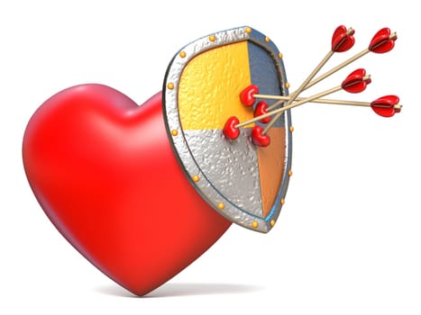Arrows on shield and red heart 3D render illustration isolated on white background