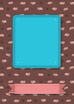 Greeting card. Cartoon funny pink pigs with white decor. Blue and pink banners for custom text. Brown background