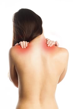 Woman feeling pain on her back, isolated on white