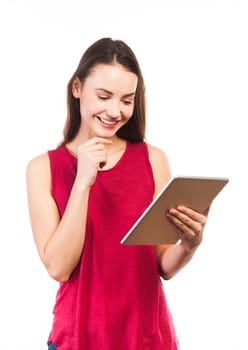 Pretty woman using a electronic tablet, communication concept, isolated on white