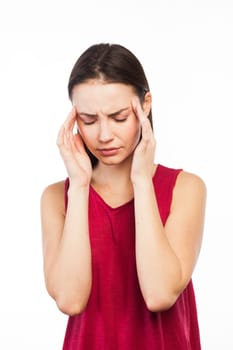 Portrait of a girl having a headache or looking stressed, isolated on white
