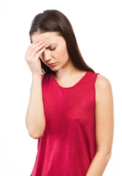 Portrait of a beautiful woman looking under stress, isolated on white
