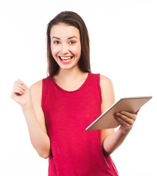 Joyful pretty woman using a electronic tablet, communication concept, isolated on white