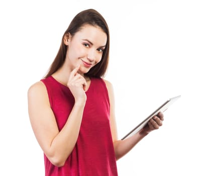 Young woman surfing on a electronic tablet, communication concept, isolated on white