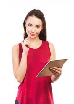 Young woman using a electronic tablet, communication concept, isolated on white