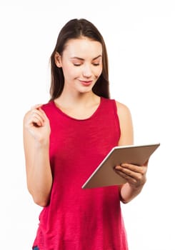 Young woman reading on a electronic tablet, communication concept, isolated on white
