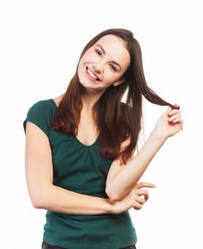 Portrait of an cute and smiling woman, isolated on white