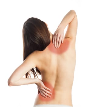 Young woman touching her back in pain, isolated on white