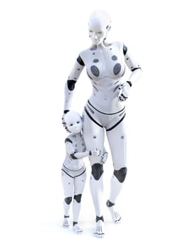 3D rendering of a robot mother with her child - the modern family of the future. White background.