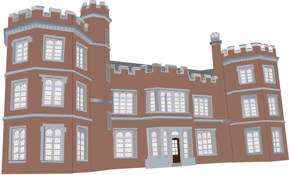 A Red Sandstone English Manor House from the Sixteenth Century with Battlements,Towers and Leaded Glass Windows isolated on White