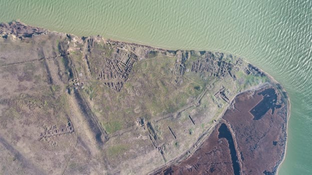 Roman ruins of Argamum (Organe) citadel. Dobrogea Romania. Aerial view.