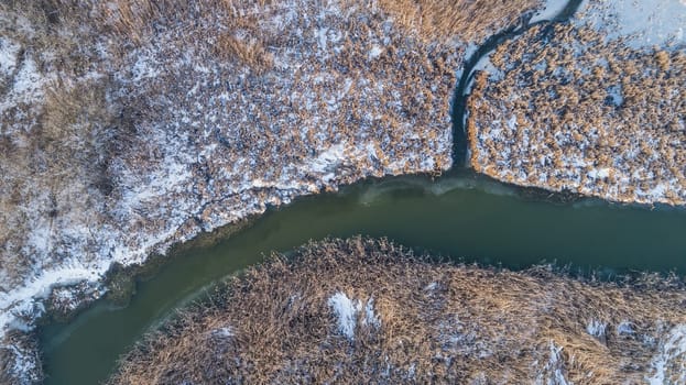lake in winter. Location: Comana Natural Park, Romania. Aerial view