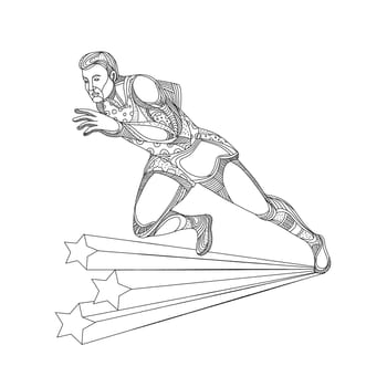 Doodle art illustration of of track and field athlete running sprinting in black and white done in mandala style.