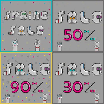 Cards with inscriptions for retail. Vintage font. Sale. Gray retro letters with colorful ties. Pink numerals. Cartoon hipster hands.  illustration