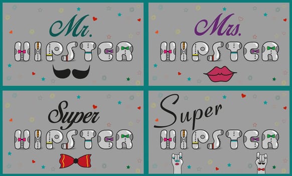 Cards with inscriptions for retail. Vintage font. Sale. Gray retro letters with colorful ties. Pink numerals. Cartoon hipster hands.  illustration