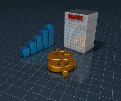 bank building,dollar symbol and bar chart - 3d rendering