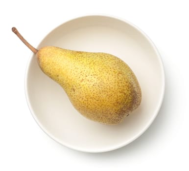 pear in bowl isolated on white background. abate fetel pear. top view