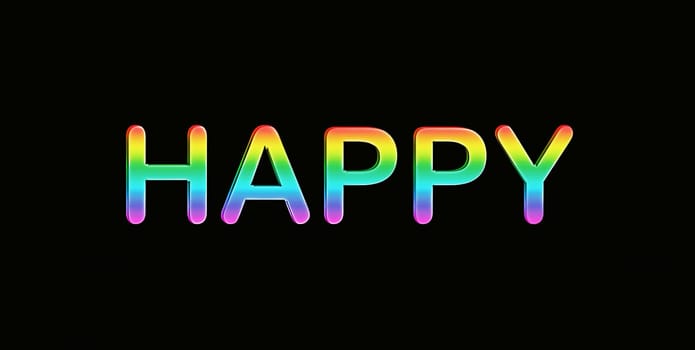 Happy in rainbow colors written on black background