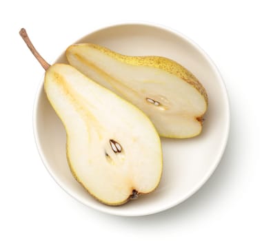 pear in bowl isolated on white background. abate fetel pear. top view