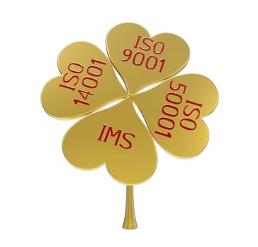 Integrated management system, combination of ISO 9001, ISO 14001 and ISO 50001 on clover leaf, 3D render, isolated on white