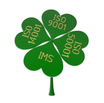 Integrated management system, combination of ISO 9001, ISO 14001 and ISO 50001 on clover leaf, 3D render, isolated on white
