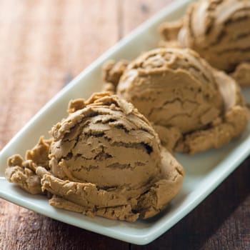 Brown ice cream in plate on dark wooden background.