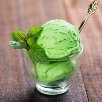 Honeydew ice cream in cup on dining table.