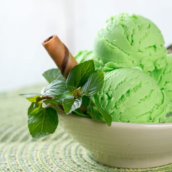 Close up mint ice cream on dining table.