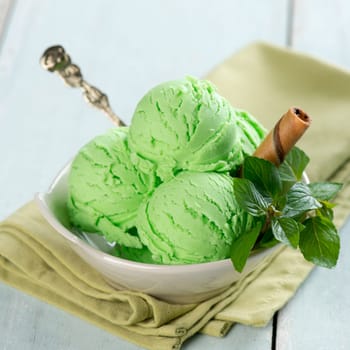 Mint ice cream on wooden background.