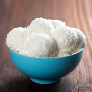 Yoghurt ice cream in bowl on white rustic wooden background.