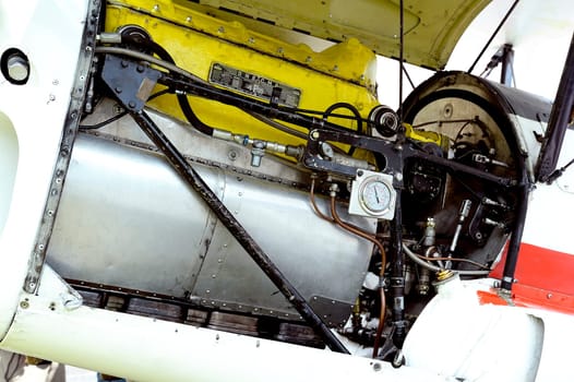 Detail of an engine of an old biplane Stampe on the Mende airfield in the French department of Gard