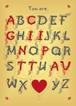 Artistic alphabet with encrypted romantic message - You are captivating. Gray and red letters with botanical decor. Big heart is as the end of the message. Yellow background. Illustration