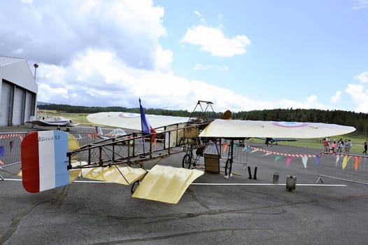 Reproduction of the Bleriot XI presentation on the airfield of Mende in the French department of Gard.