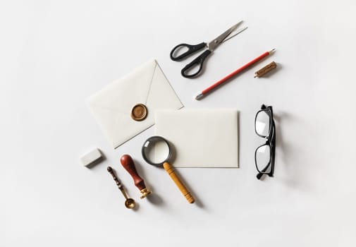 Blank stationery with envelopes on white paper background. Responsive design mockup.