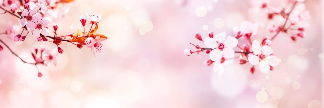 Spring blossom tree flowers in sunny day background