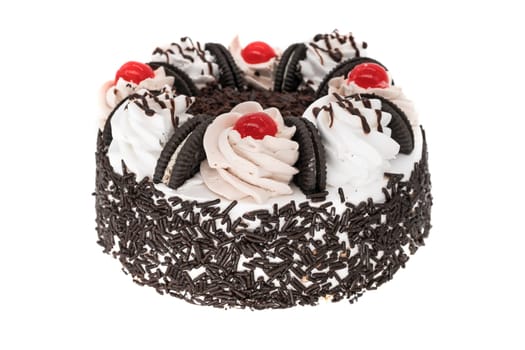 Cake isolated,sweet dessert with chocolate,whipped cream and dessert cherries