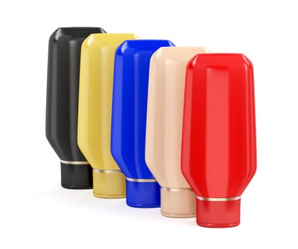 Plastic bottles with different colors for shampoo, shower gel, body lotion or other liquids