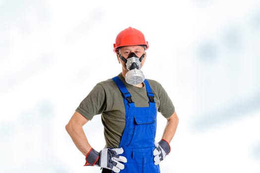 young workman with red hard top and protecting mask