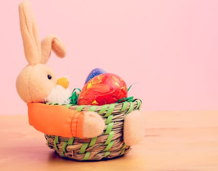 easter bunny in basket with egg in front of pink background