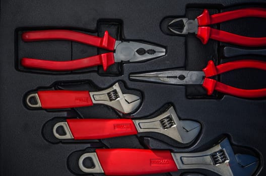 Toolbox in the workshop, close-up
