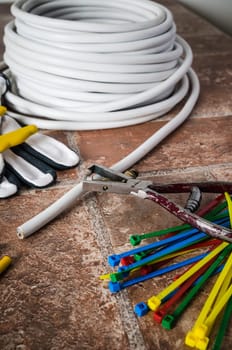 Tools for electricians crimpers and accessories, close-up