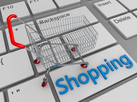 Basket for purchases on the keyboard. 3d rendering.