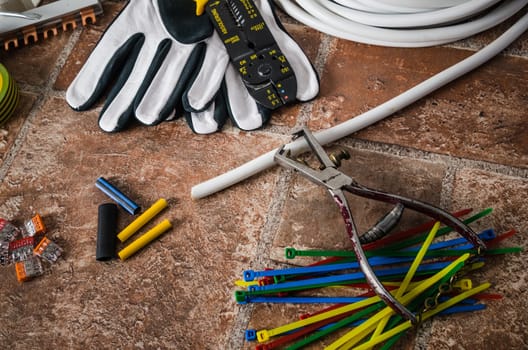 Tools for electricians crimpers and accessories, close-up